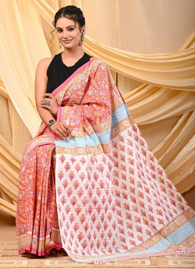 Cotton Pink Daily Wear Printed Saree